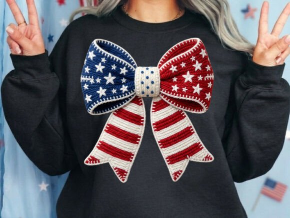 Celebrate in Style with a Patriotic Bow Stars Yarn Tshirt Png