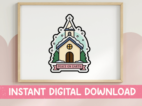 Peace on Earth Snowy Church Sticker: A Serene Christmas Design
