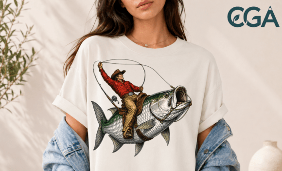 Retro Cowboy Riding Tarpon Fishing PNG: A Unique Design Asset