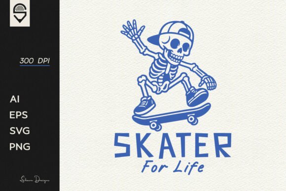 Skater for Life, Skeleton Skateboard: Bold Vector Design